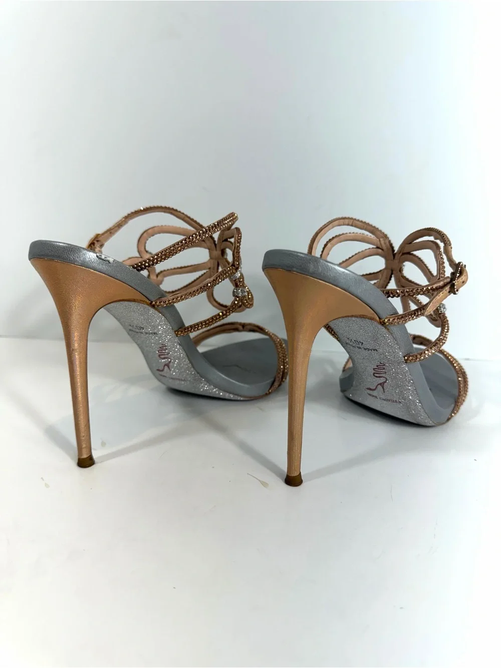 René Caovilla Crystal Butterfly Sandals 40.5 Rose Gold Gray Stiletto Heels Made